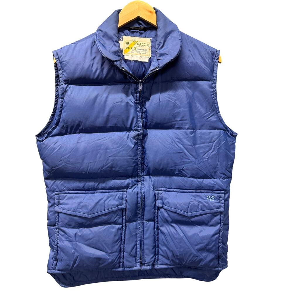Ski Daddle Down Vest Mens Small Blue Full Zip Puffer Jacket Pack-In Vintage